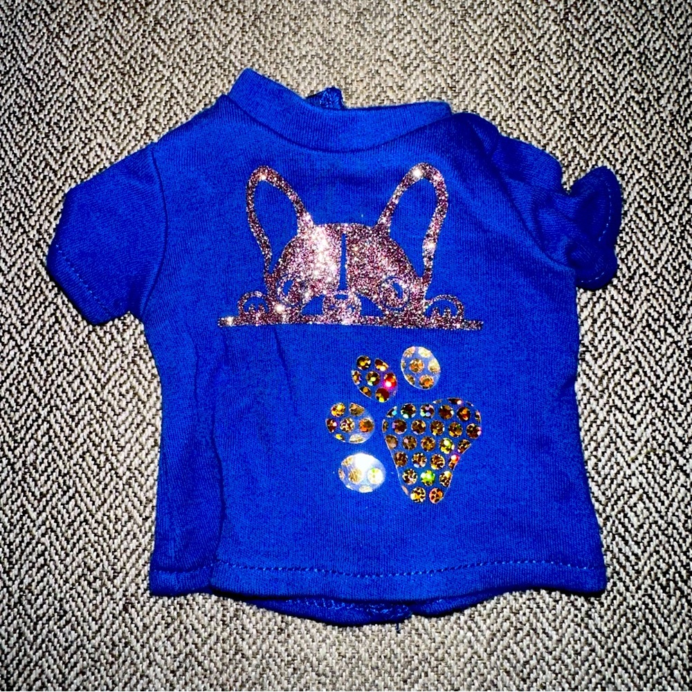 Build A Bear Blue Sequin Top blue t-shirt glittery French Bulldog paw print RARE
